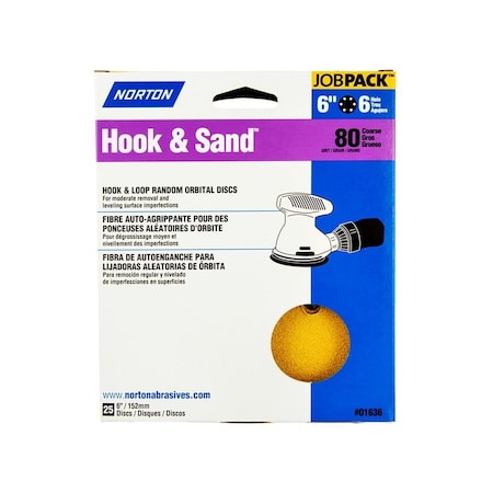 Norton ProSand Hook & Sand Vacuum Disc, 6" Dia, P80 Coarse Grit, Alum Oxide Abrasive Paper Backing, 25PK 07660701636