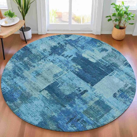 Homeroots 8' Blue And Ivory Round Abstract Washable Indoor Outdoor Area Rug 630767