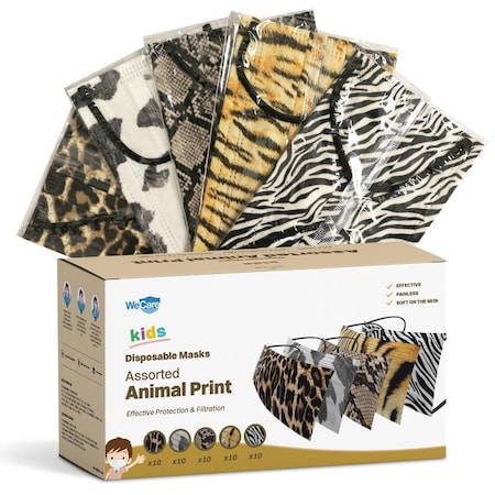 Wecare Kids Disposable Face Mask, 3, Assorted Animal Print, Kids, 50 PK WMN100082