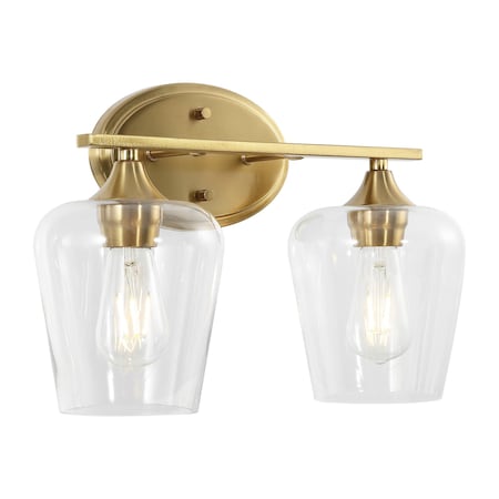 Jonathan Y Jayne 15.75" 2-Light Iron/Glass Cottage Rustic LED Vanity Light, Brass Gold JYL7546B