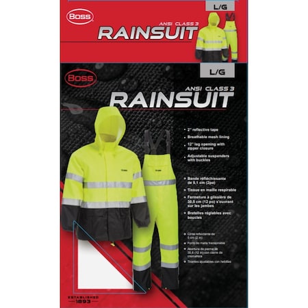Boss Large 2-Piece ANSI Class 3 Hi-Visibility Rain Suit B44531/L