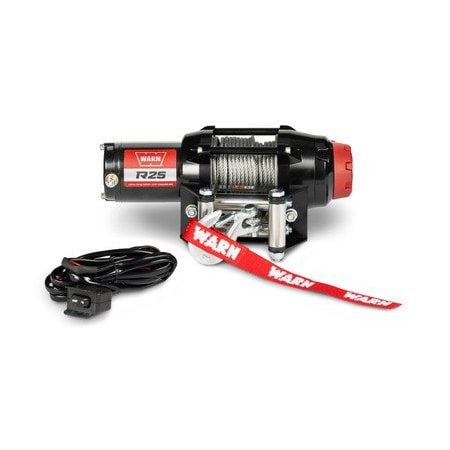 Warn R25 Wire Rope Winch 50 ft of 3/16 in steel rope, roller fairlead, handlebar- rocker control switch 110025