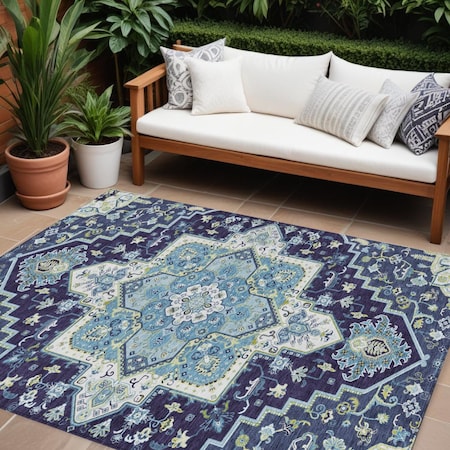 Homeroots 9' X 12' Navy Blue Ivory And Black Oriental Washable Indoor Outdoor Area Rug 600172