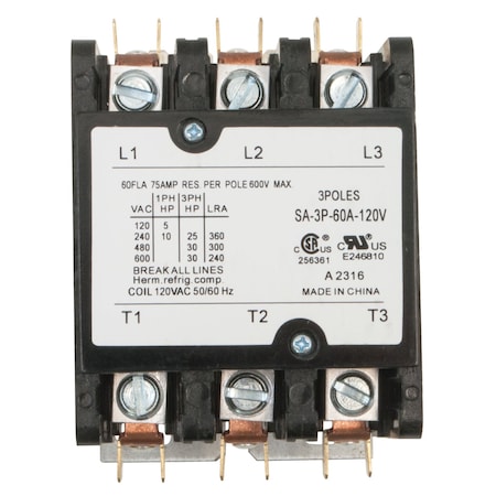 Brah Electric Definite Purpose Contactor, 480 V, 3 P, Non-Reversing, 3 Phase, Box Lug BDP3P60A480V
