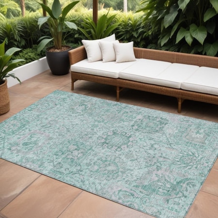Homeroots 8' X 10' Teal Blue And Gray Damask Washable Indoor Outdoor Area Rug 603794