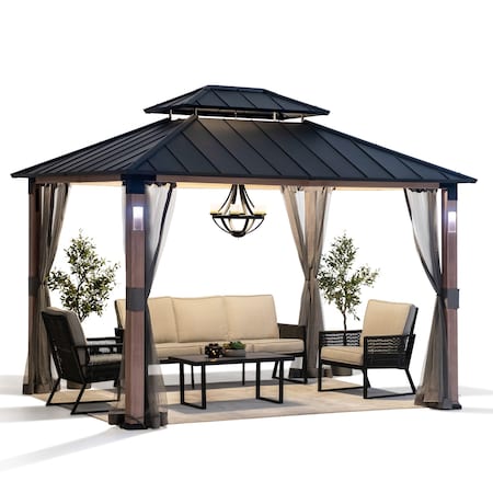 Sunjoy 10 ft. x 12 ft. Hardtop Gazebo with Netting and LED Lights A102023920