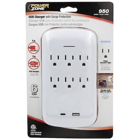 Powerzone Outlet Tap, USB, Wall Tap, 0 ft., White ORPBSU072