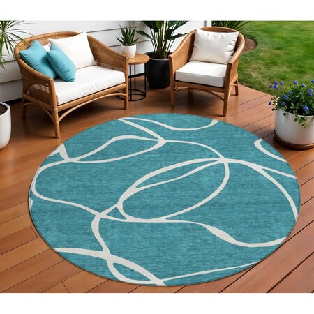 Homeroots 8' Teal Blue And Ivory Round Abstract Washable Indoor Outdoor Area Rug 597525