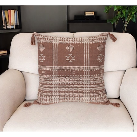 Homeroots 18" Beige and Brown Cotton Throw Pillow with Tassels 529254