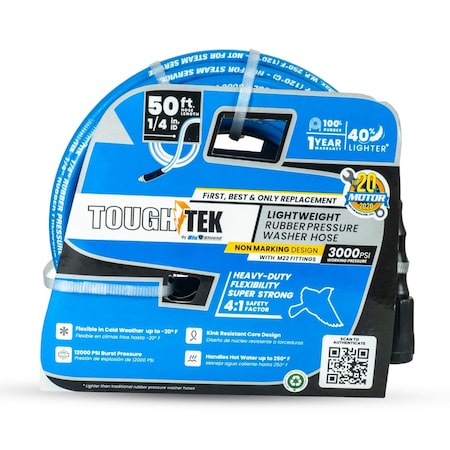 Blu Shield Tough-Tek Rubber Pressure Washing Hose 1/4in. X 50' with M22, High-Performance Cleaning TTPW1450-NM