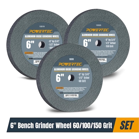 Powertec Aluminum Oxide Bench Grinding Wheel 6 in 60/100/150 Grit, 3/4 in Thick 1/2 in Arbor, 3PK 15534