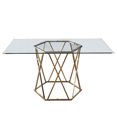 Homeroots 63" Clear and Gold Glass and Metal Geo Pedestal Base Dining Table 602328