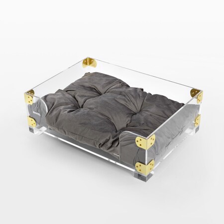 The Licker Store Haines 21.5 in x 15.25 in Small/Medium Modern Acrylic Velvet Pet Bed with Cushion, Dark Gray/Clear DBD2002A