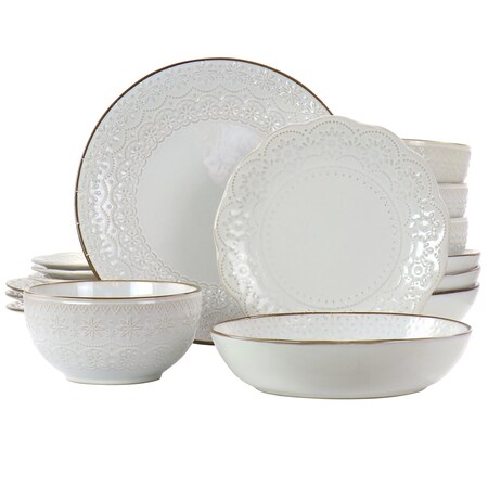 Elama Countess 16 Piece Embossed Double Bowl Stoneware Dinnerware Set in Ivory EL-COUNTESS