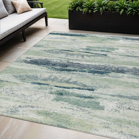Homeroots 5' X 8' Mint Green Ivory And Denim Blue Abstract Washable Indoor Outdoor Area Rug 612534