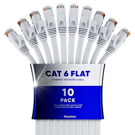 Maximm Cat6 Flat Ethernet Cable 25ft, 10PK, White, 10PK CAT6F-25WH10PK