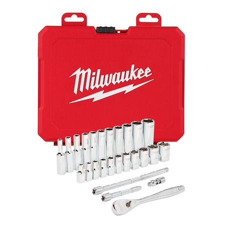 Milwaukee Tool 1/4 in Drive Socket Wrench Set SAE 26 Pieces 5/32 in to 9/16 in , Chrome 48-22-9404