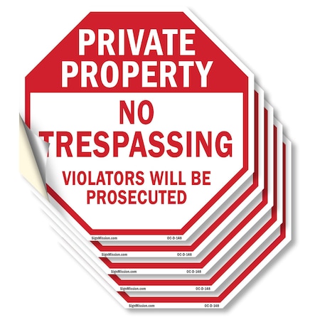 Signmission Private Property No Trespassing Vio, 4 inch X 4 inch, Vinyl Decal, 5PK OC-D-5PACK-4-148