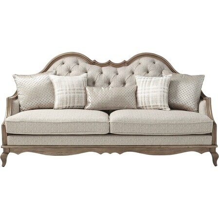 Homeroots 86" Brown And Beige Upholstered Solid Wood Sofa With Toss Pillows 491013