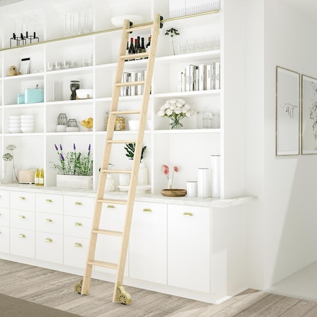 Quiet Glide 8.92 ft. Maple Sunburst Wheel Brushed Satin Brass Rolling Ladder, 12 ft. Rail QG.210-9MA-12-H.06B