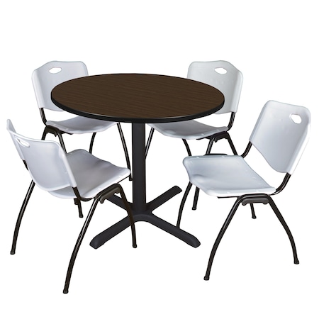 Regency Round Cain Breakroom Table W/ 4 M Stack Chairs, 42 in W, 42 in L, Neo Walnut TB42RNDNW47GY
