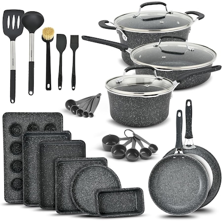 Bakken- Swiss Kitchen Cookware Set, Nonstick Coating, Pots and Pans Set with Handle Grips and Tempered Glass Lids BKCWGRY23MAR