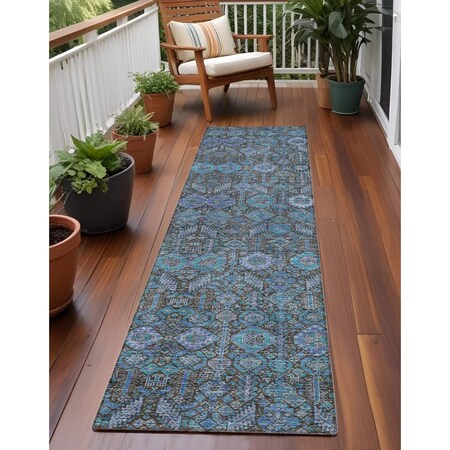 Homeroots 8' Runner Blue and Coffee Floral Washable Non Skid Indoor Outdoor Runner Rug 564384