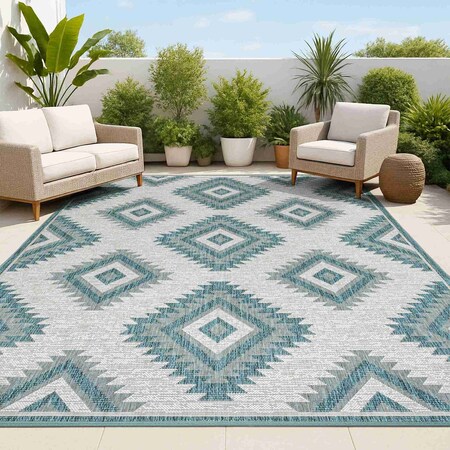 Jonathan Y Lior Geometric Moroccan Diamond Turquoise/Cream 3 ft. x 5 ft. Indoor/Outdoor Area Rug TSN202E-3