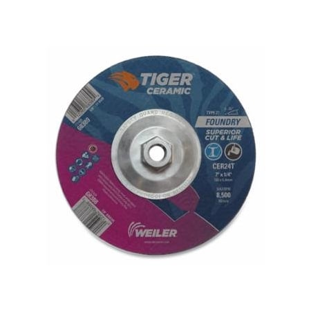 Weiler Tiger Grinding Wheel, 7 in dia x 1/4 in Thick x 5/8 in-11 Arbor, 24 Grit, Ceramic Alumina, Type, 10PK 804-68389