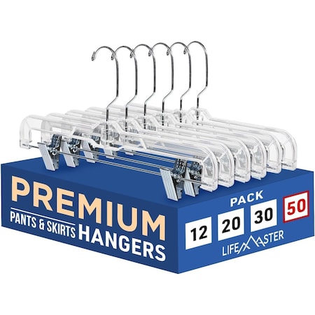 Lifemaster Clear Plastic Hangers, Anti-Slip, Adjustable Clips, 360 Deg Swivel Hook, Clear, 50PK LMSKRT50