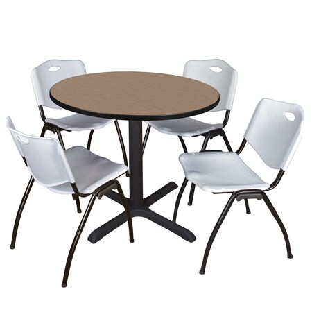 Regency Round Cain Breakroom Table W/ 4 M Stack Chairs, 36 in W, 36 in L, Noble Oak TB36RNDNO47GY
