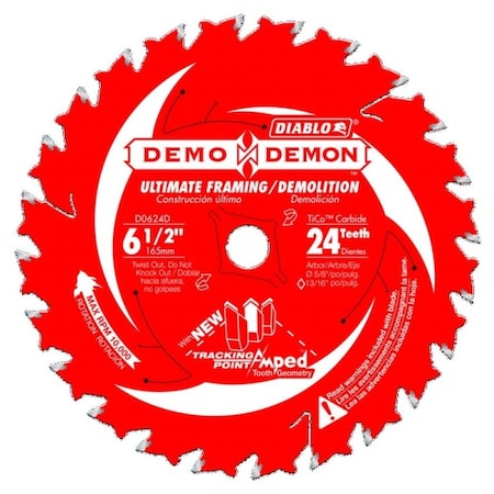 Diablo Demo Demon Amped Circular Saw Blade, 6-1/2 in Dia, 5/8 in Arbor, 24-Teeth D0624DA