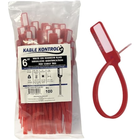 Kable Kontrol Numbered Write-On Flag Zip Tie Tags, 6in L, 60 Lbs Strength, 100 Pcs, Red, 100PK CTWOS-NF-6-60-RD