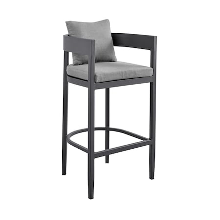 Armen Living Menorca Outdoor Patio Counter Height Bar Stool in Aluminum with Gray Cushions LCMQBAGR26