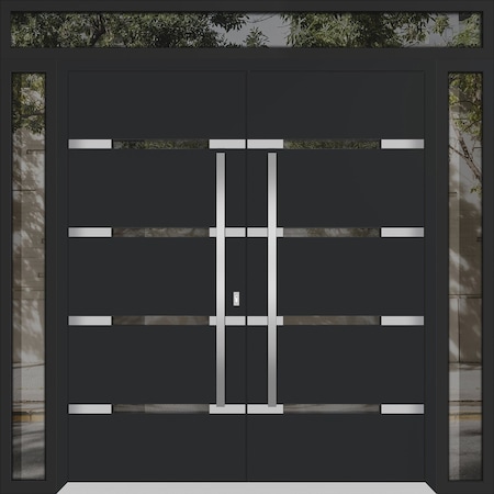 Vdomdoors Metal Double Doors Deux 1105 Black Enamel Mirrored Clear Glass 2 Sidelights and Top Transom Entry M DEUX1105DEXD-BLK-W12+72+12xH96+16-LH-I