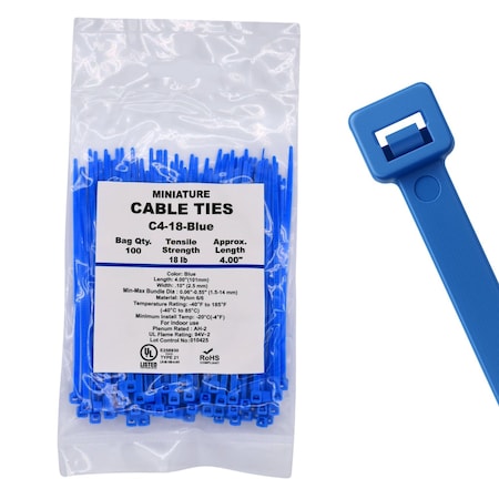 Cable Ties Unlimited Cable Tie, 4 in L, 18 lb Strength, 1 in Max Bundle Dia, Nylon 6/6, Blue 100PK C4-18-Blue