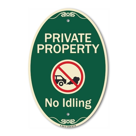 Signmission Private Property No Idling With Graphic, 12 Inch X 18 Inch Designer, Heavy Gauge Aluminum A-OV-G-1218-9775