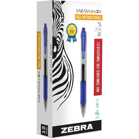 Zebra Pen Sarasa Dry Gel X20 Gel Pen, Retractable, Medium 0.7 mm, Blue Ink, Clear/Blue Barrel, PK12 46820