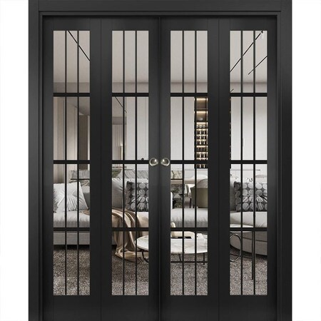 Sartodoors Sliding Closet Double Bi-fold Doors, Felicia 3355 Matte Black with Clear Glass, Sturdy Tracks Mold FELICIA3355DBF-BLK-96 x 80 (4* 24x80)