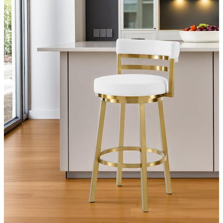 Homeroots 30" White and Gold Faux Leather and Stainless Steel Low Back Bar Height Swivel Bar Chair 569169