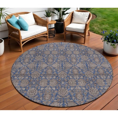 Homeroots 8' Navy Blue Beige And Taupe Round Floral Washable Indoor Outdoor Area Rug 582292