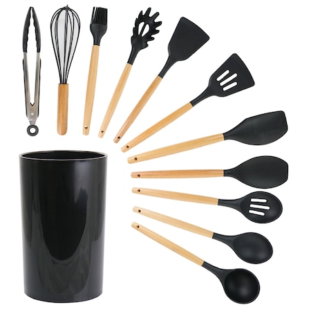 Megachef Black Silicone and Wood Cooking Utensils, Set of 12 MGSP-590