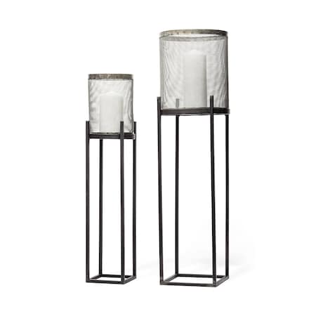 Homeroots Set of Two Black Distressed Geometric Metal Lantern Candle Holders, 2PK 609331
