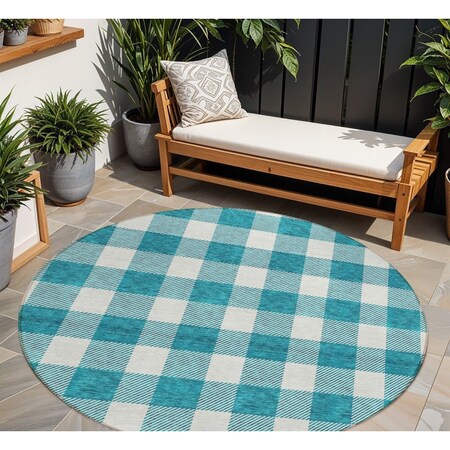 Homeroots 8' Teal Blue And Gray Round Plaid Washable Indoor Outdoor Area Rug 595441