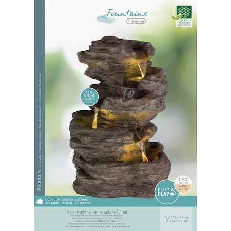 Lumineo 14.8'' W.x21.3'' H.x13'' L. Glassfiber Reinforced Concrete Rock Waterfall Fountain 9896477