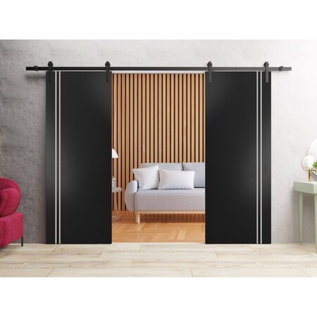 Sartodoors Sturdy Double Barn Door with Hardware, Planum 0310 Black Matte and Aluminum Strips, 13FT Rail Hange PLANUM0310DB-BLK-6484