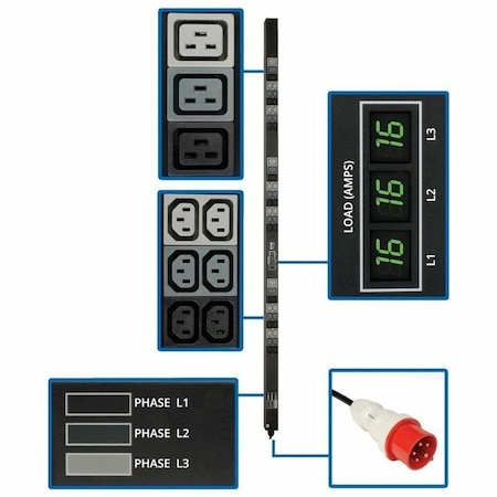 Eaton Tripp Lite Series 11.5kW 3-Phase Local Metered PDU 208-240V 36 C13 & 9 C19 IEC-309 16/20A Red PDU3XMV6G20