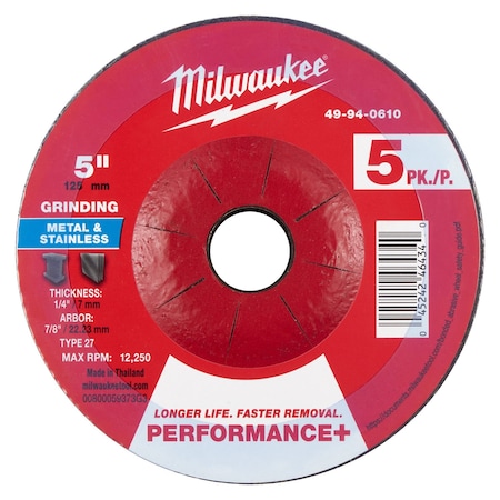 Milwaukee Tool Grinding Wheel, 5" dia., PK5 49-94-0610