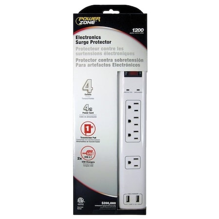 Powerzone Outlet Strip, Surge, 4 Outlet(s) White OR505104