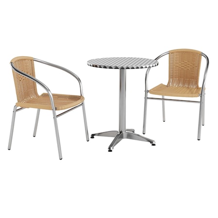Flash Furniture Round Table Set, Aluminum, Plastic, Rattan, Stainless Steel, Grey TLH-ALUM-24RD-020BGECHR2-GG